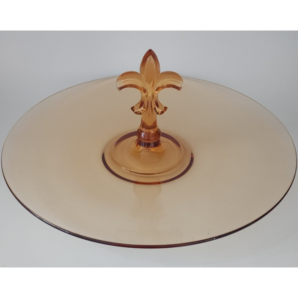 Vintage Fleur-De-Lis Serving Plate Dish Depression Glass Amber Pink Peach 11.5"